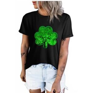 NEW 1 THE WOMAN three leaf sequined clover t-shirt in black